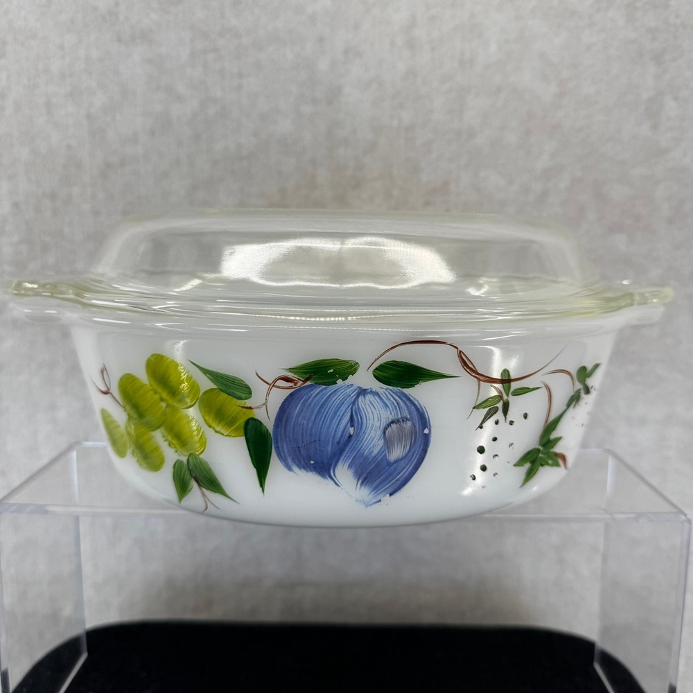Vintage Fire King Fruit Pattern 2 QT Milk Glass Casserole Dish with Lid